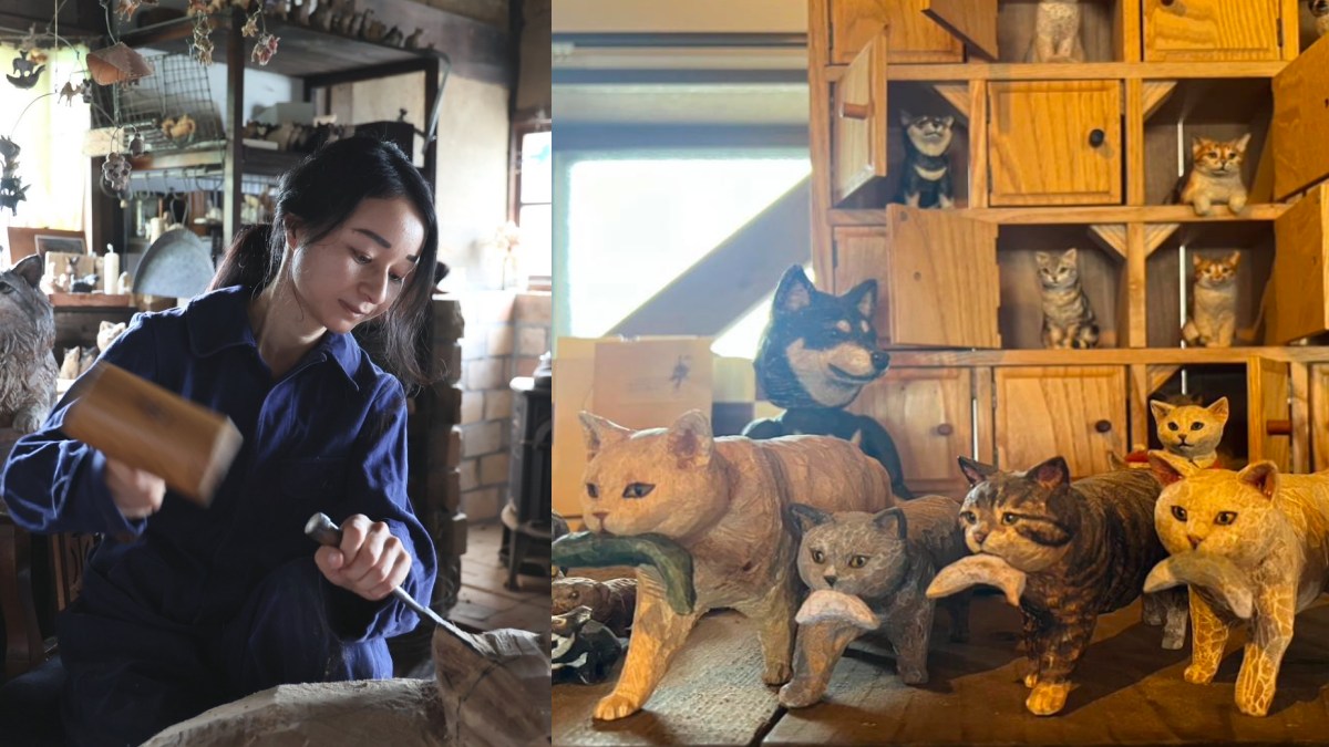 橋本美緒擅長精湛寫實的刀法,為每個貓狗木雕作品刻畫出細膩溫暖的神情。(圖/原物創意提供)