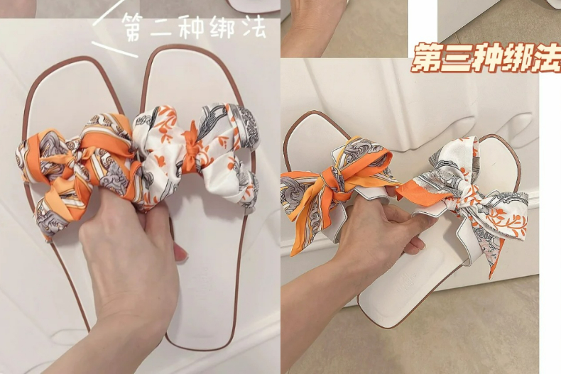 愛馬仕絲巾拖鞋有各式各樣的綁法。(圖/翻攝自小紅書)