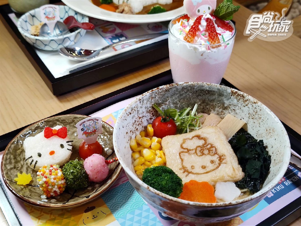 兒童拉麵套餐,除了有起司魚餅豚骨拉麵,還有繽紛的HELLO KITTY彩虹飯糰、美樂蒂草莓牛奶。(圖/劉易昇攝)