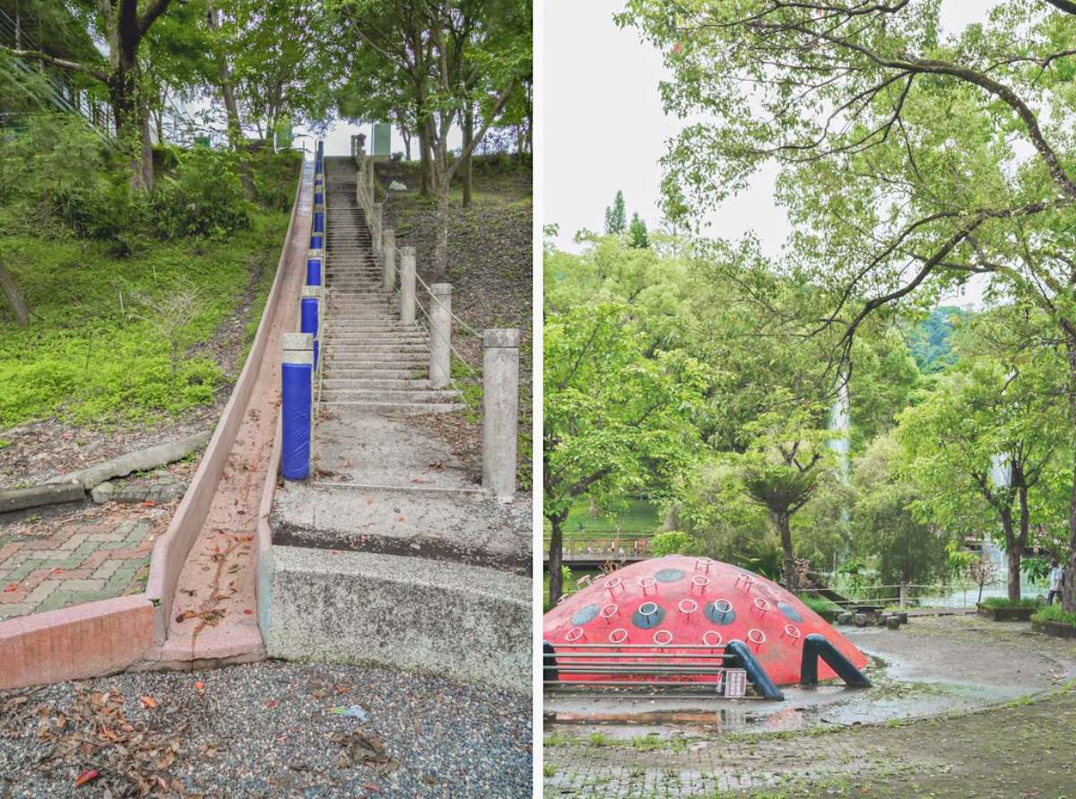 忘憂池旁還有磨石子溜滑梯(圖左)、紅色小瓢蟲(圖右)等隱藏版的遊樂設施。(圖/優尼太太)