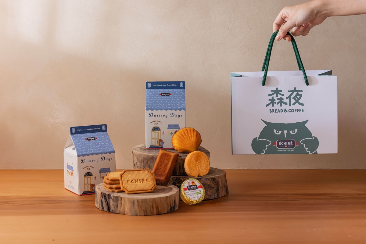 100%ÉCHIRÉ艾許奶油製成的小甜品,搭配限定可愛包裝。(圖/森夜Bread & Coffee提供)