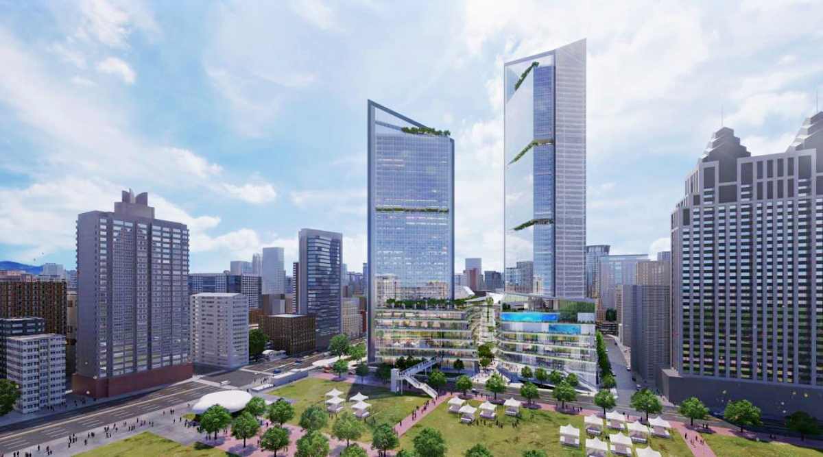 高雄首座「海洋館」鄰近捷運凹子底站,2座高聳建築的左側為飯店、右側是辦公大樓。(圖/會社三菱地所設計提供)