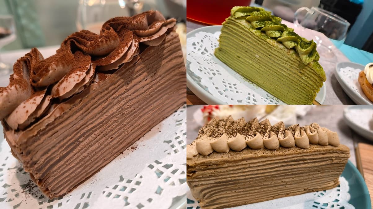 千層蛋糕還有苦甜可可（左）、大人味抹茶（右上）、日式焙茶（右下）等口味可以選擇。（圖／海霸威食遊影記提供）