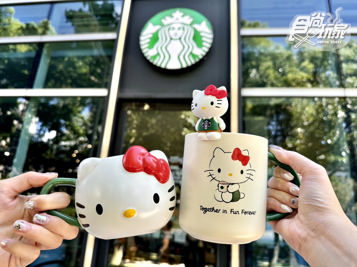 HELLO KITTY馬克杯和馬克杯組」分別是大頭KITTY、杯蓋是蝴蝶結造型。(圖/食尚玩家 )