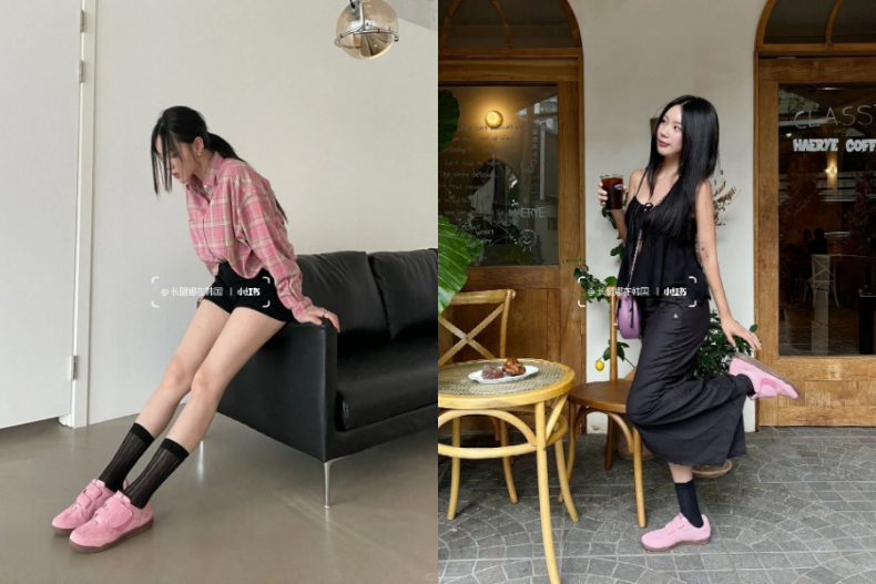 內搭黑色中長襪後再穿粉紅色FILA鞋穿出甜美風格。（圖／翻攝自小紅書@肚腩小羊愛麥片）