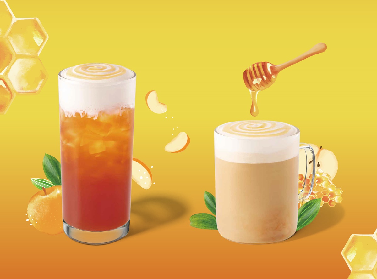 秋季限定的奶香蜂蜜甜梨紅茶、那堤新上市快嘗鮮。(圖/星巴克提供)