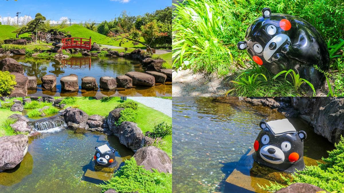 公園裡還有日式庭園造景可以走進去散散步,不僅在竹林小徑中看到了偷偷摸摸的熊本熊(圖右上),居然還有在泡湯的熊本熊。(圖/加小菲愛碎碎念提供)