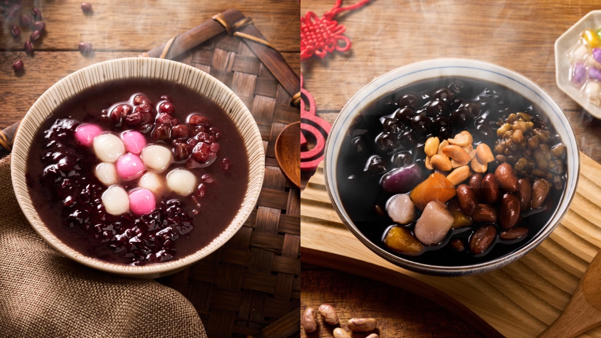 「紫米紅豆粥湯圓」(圖左)飽足感超高;「黑金燒仙草」(圖右)則是清原最招牌的暖胃經典品項。(圖/清原提供)