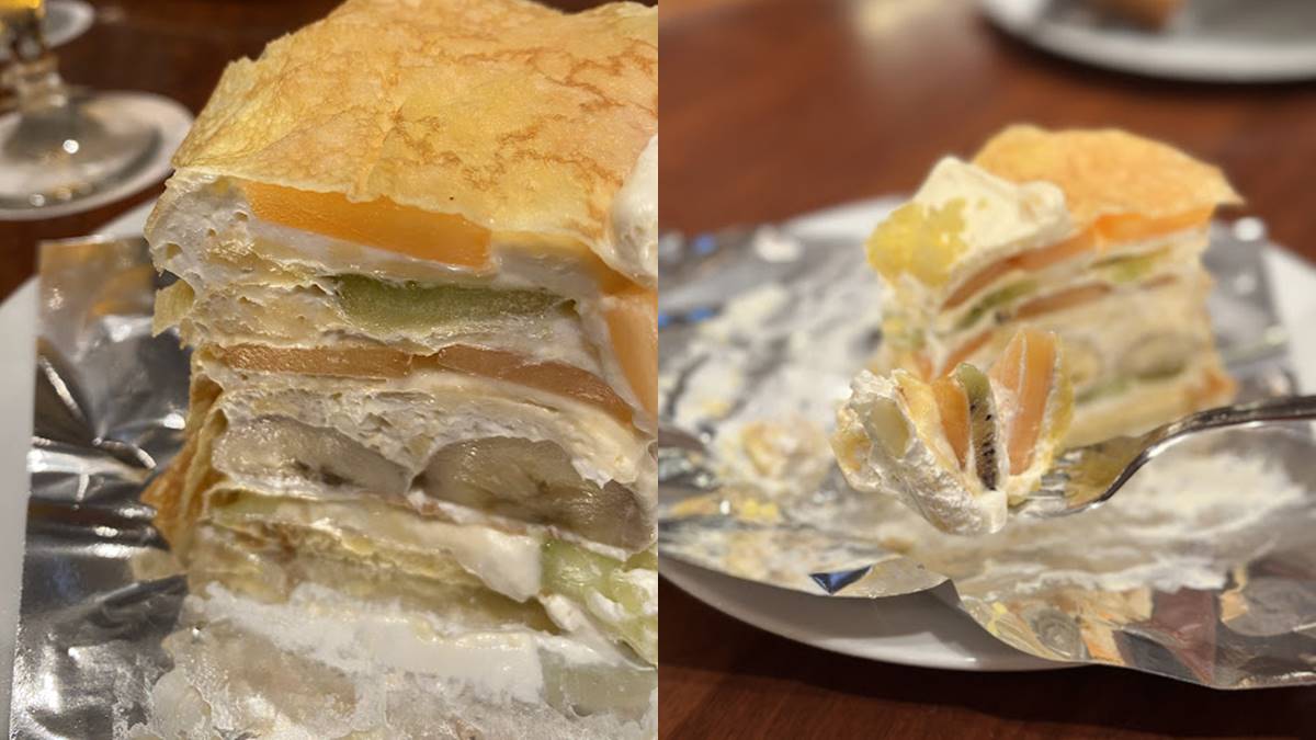 經典的水果千層蛋糕內餡會隨著季節稍做調整，這次夾層中的水果有２種哈密瓜、奇異果、香蕉等，蛋皮薄、鮮奶油多而不膩口。（圖／十六行跡提供）