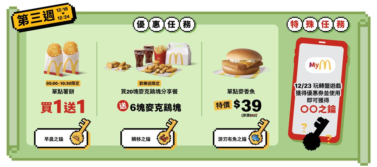 麥當勞APP推出「麥粉勇者 拯救公主」會員活動,本週優惠任務共有3張。(圖/麥當勞提供)