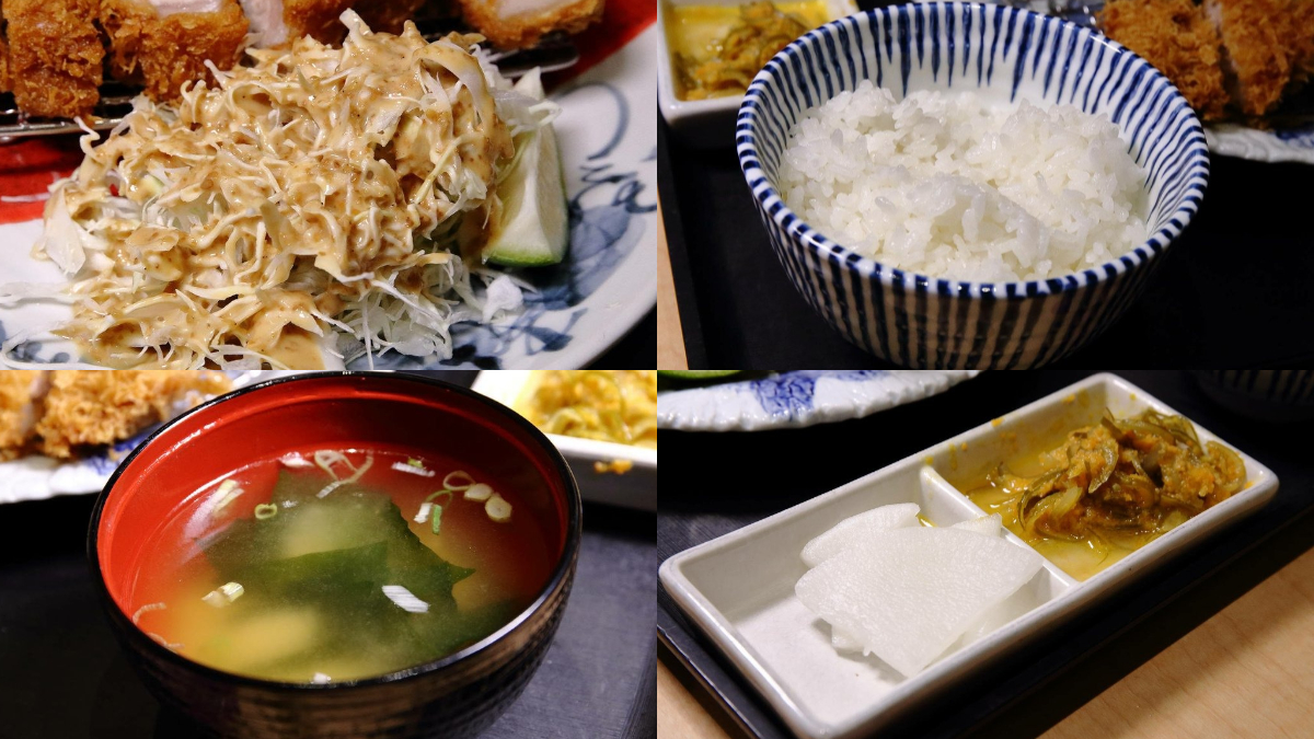 點定食就有味噌湯、越光米飯、高麗菜絲和醃漬蘿蔔可無限續加!(圖/翰寶寶與小珊珊的旅遊美食生活手札提供)