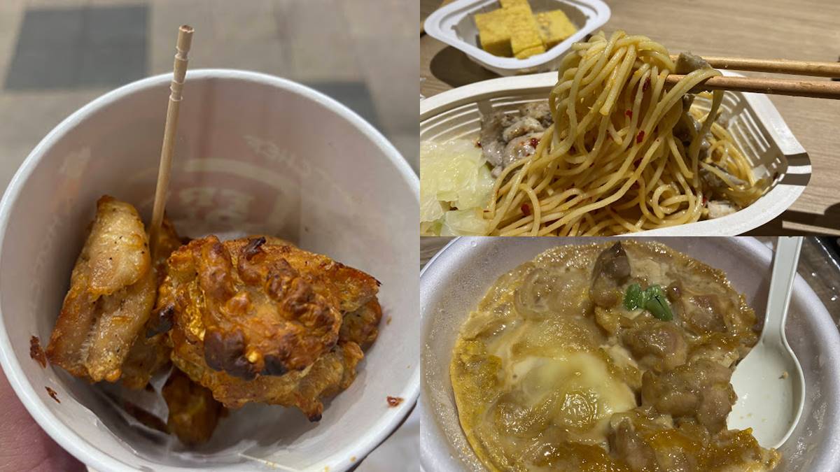 Seicomart的炸雞是薄皮炸雞，採用真材實料的雞肉（圖左），炒麵是香蒜辣味口味的，麵條是採用義大利麵（圖右上），親子丼分量不小，醬汁算很夠味（圖右下）。（圖／十六行跡提供）