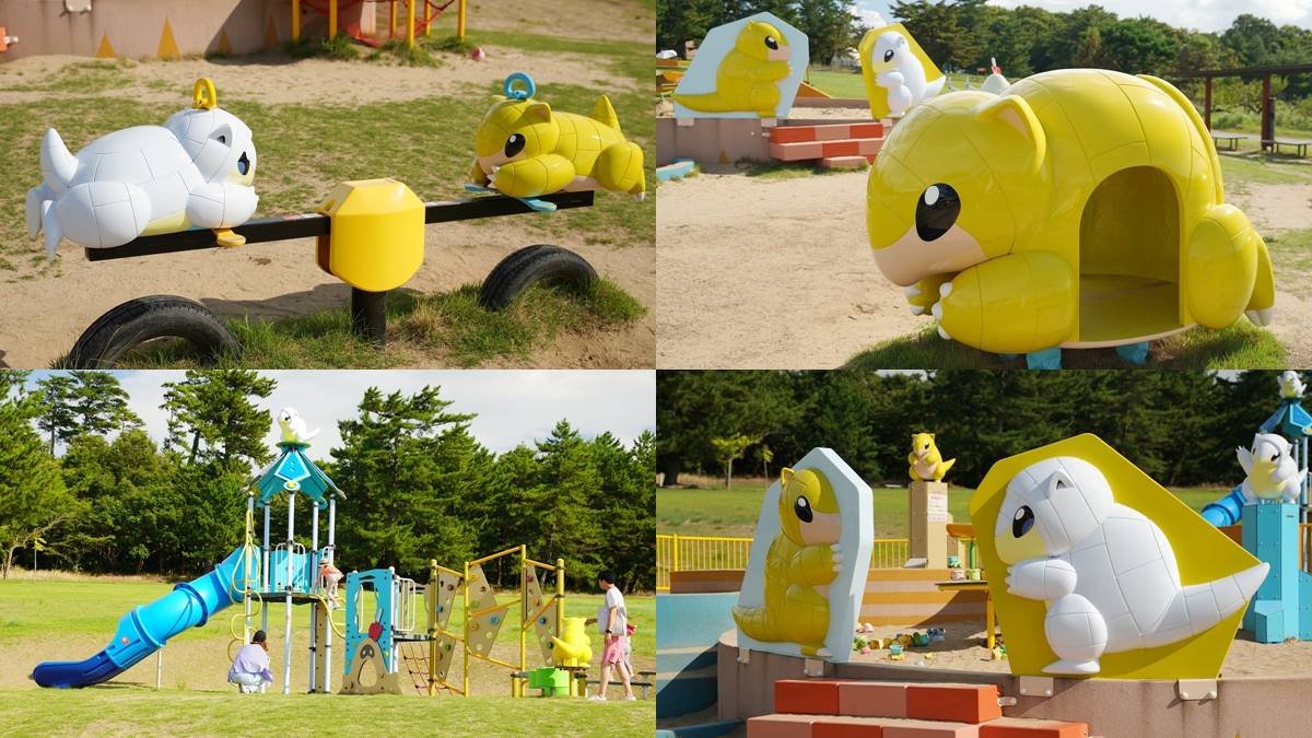 公園內以穿山鼠和阿羅拉穿山鼠為主題,設有11項遊樂設施,包括大型沙坑、滑梯、翹翹板、搖搖椅及繩索吊橋等。(圖/東蛙池塘Dong Wa 提供)