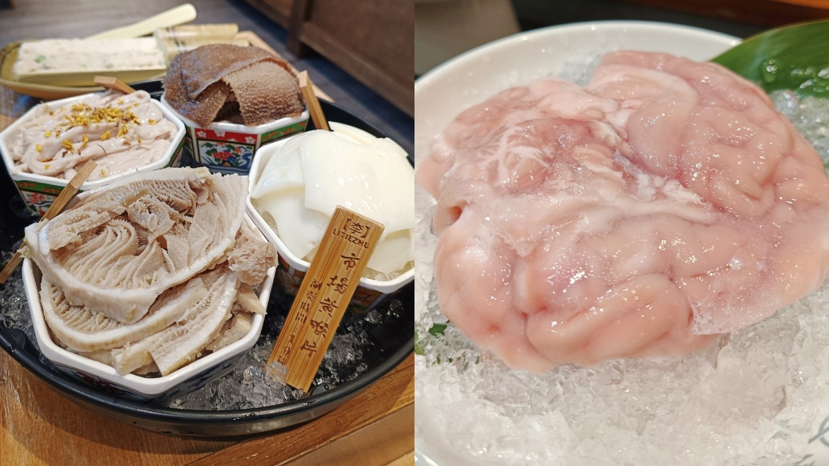 重慶火鍋必點特色食材,有包含黃喉、黑毛肚、白千層肚、鮮鵝腸的「重慶老四樣拼盤」(660元,圖左),以及「鮮豬腦花」(150元,圖右)。(圖/舒愛吃愛玩樂的世界提供)