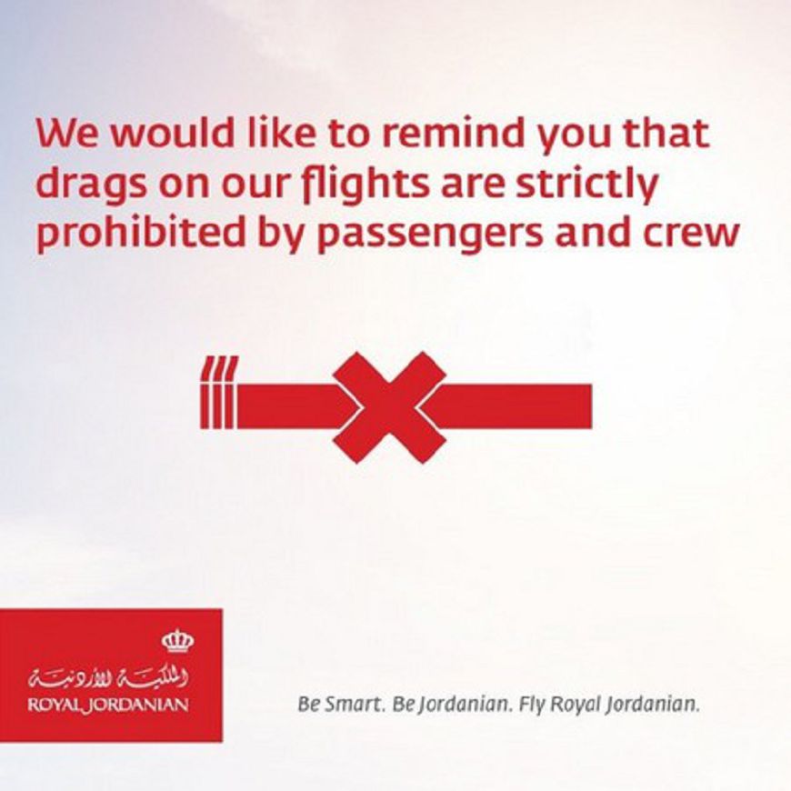 皇家約旦航空發出公告，暗諷聯航「飛機上嚴禁拖行」。圖／取自twitter