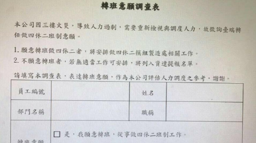 轉班調查表=勞資協議? 律師:53人3小時被資遣