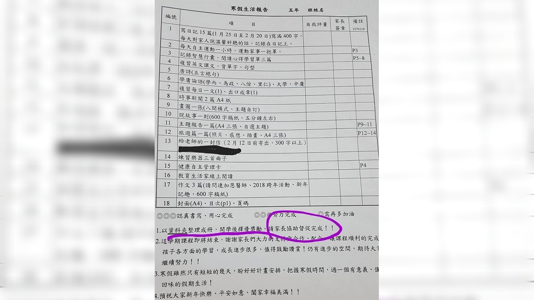 小五寒假作業做好做滿18項 網友嘆:搞死家長?