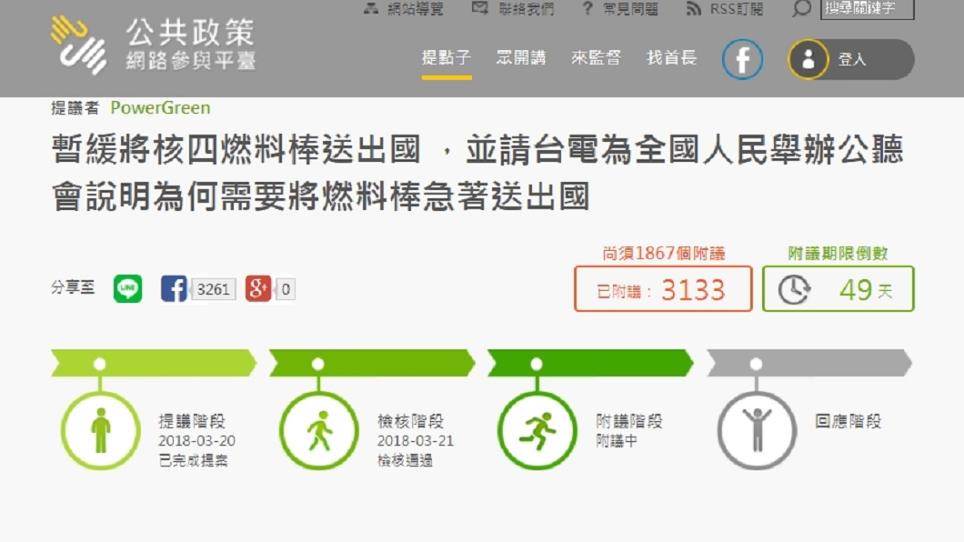 有網友發起提案要求暫緩將核四燃料棒送出國。圖/翻攝自公共政策網路參與平台網站