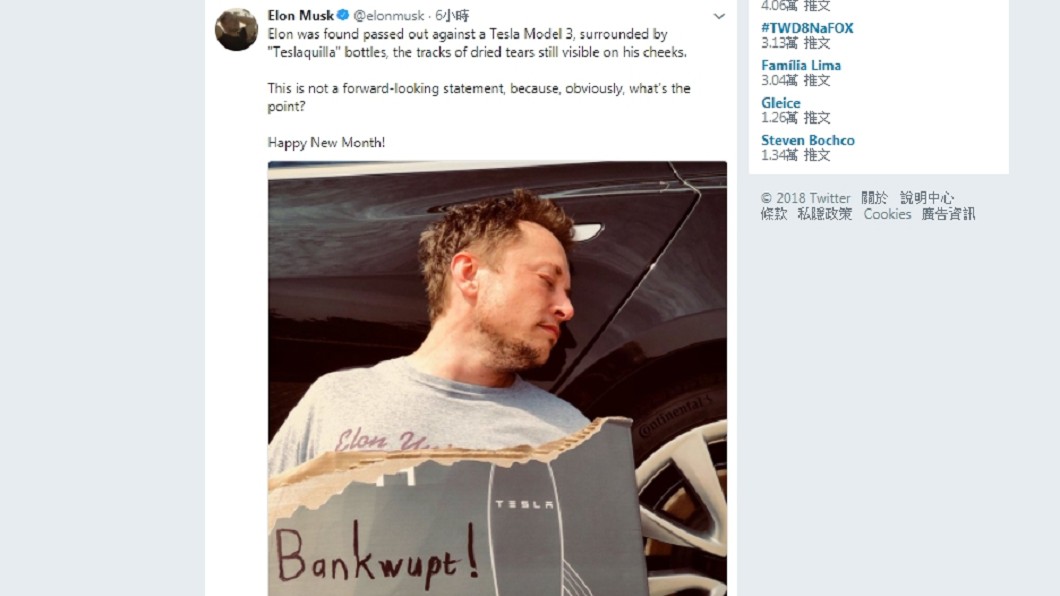 愚人節推文 馬斯克拿特斯拉破產開玩笑