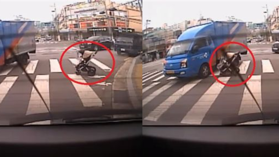 影／神救援！嬰兒車直衝馬路　貨車急減速「前輪擋下」