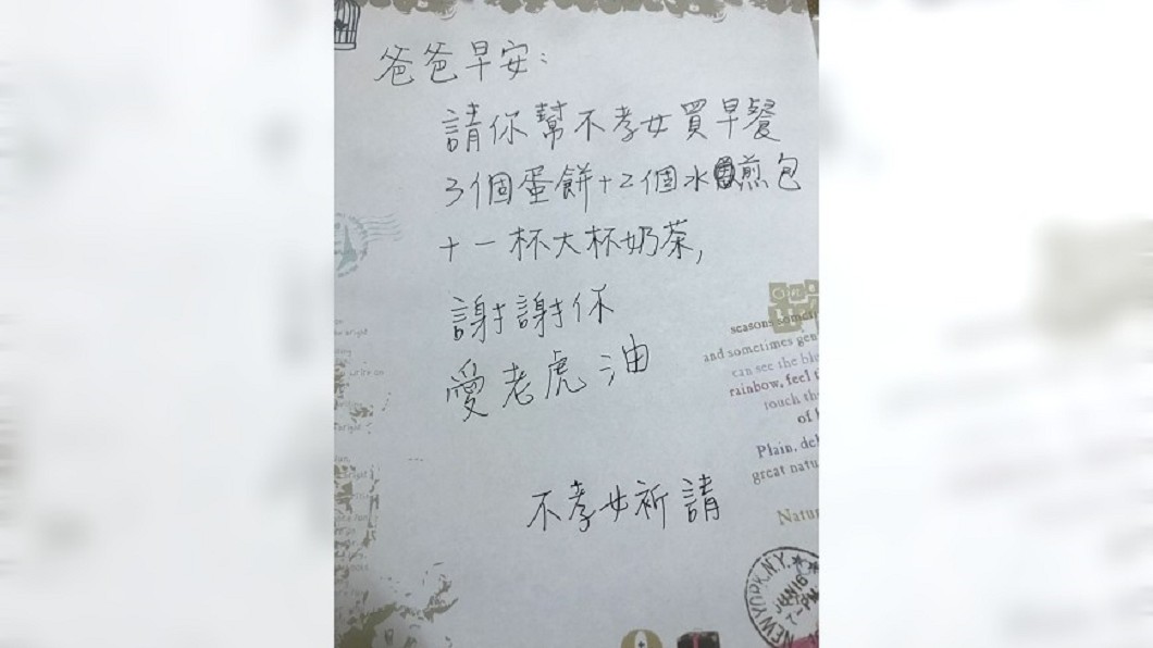父女爭吵!她寫紙條「幫買早餐」盼和好 老爸卻會錯意…