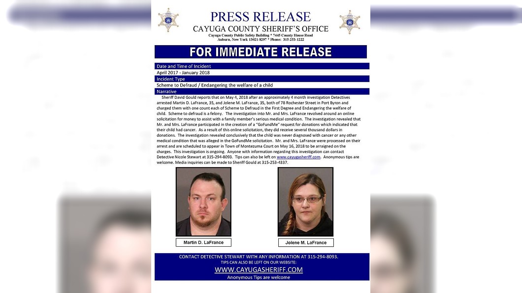 警方除了公布這對無良父母的相片、名字和地址,呼籲民眾別再受騙上當捐款。(圖/翻攝自Cayuga CountySheriff's Office臉書粉絲專頁)