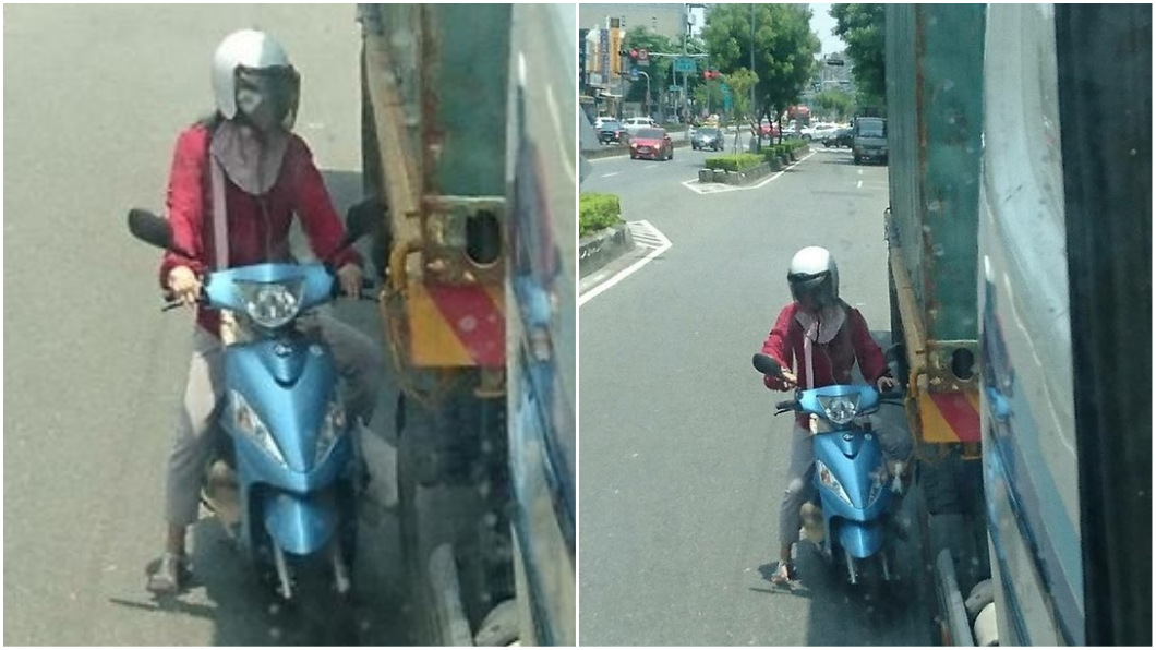 女騎士怕曬緊貼大車輪旁 網友酸:想進冰庫乘涼?