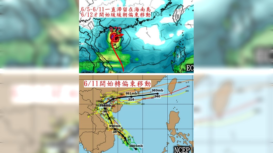 颱風預測歐洲模式(上)與美國模式(下)。圖/觀氣象看天氣粉絲頁