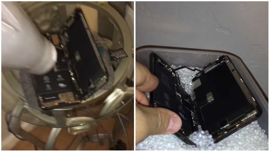 Dallas拾獲手機後,將手機背蓋打開用吹風機吹乾它,再將它放在矽膠裡面除濕3天。 圖/翻攝自Man+River YouTube