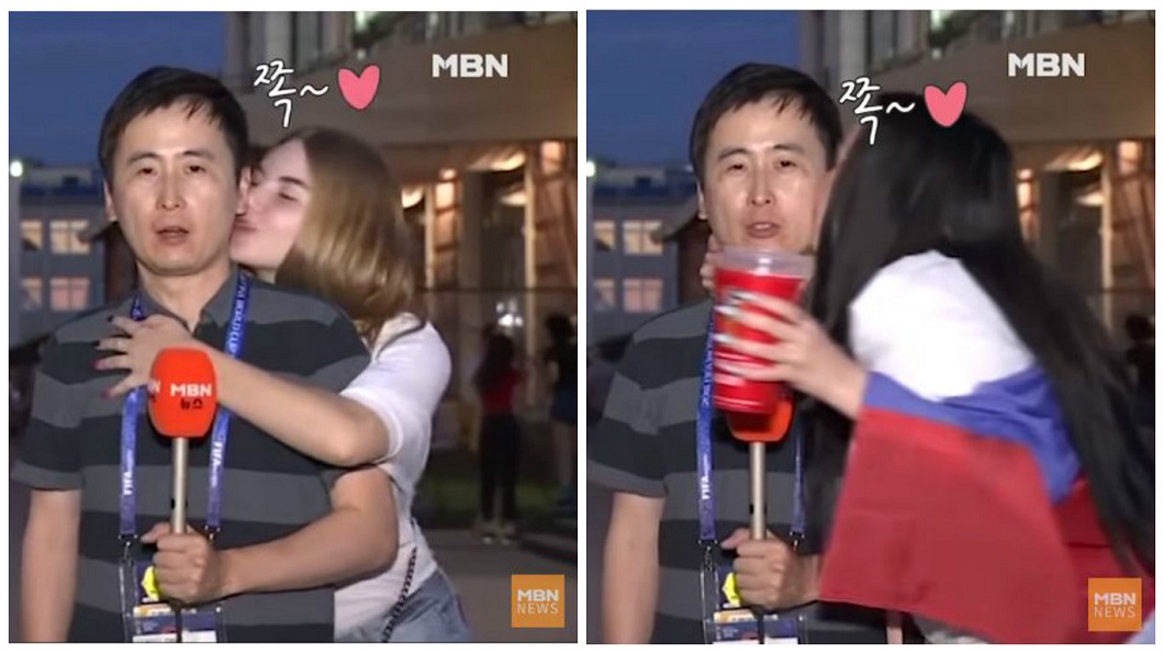 南韓男記者豔福不淺,連遭金髮和黑髮正妹強吻臉頰。(圖/合成圖,翻攝自YouTube)