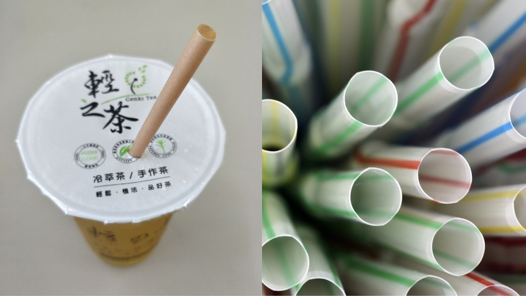 甘蔗渣製成的吸管可分解,比起塑膠吸管,對環境更友善。圖/「100%植」授權提供(左)、Shutterstock(右)