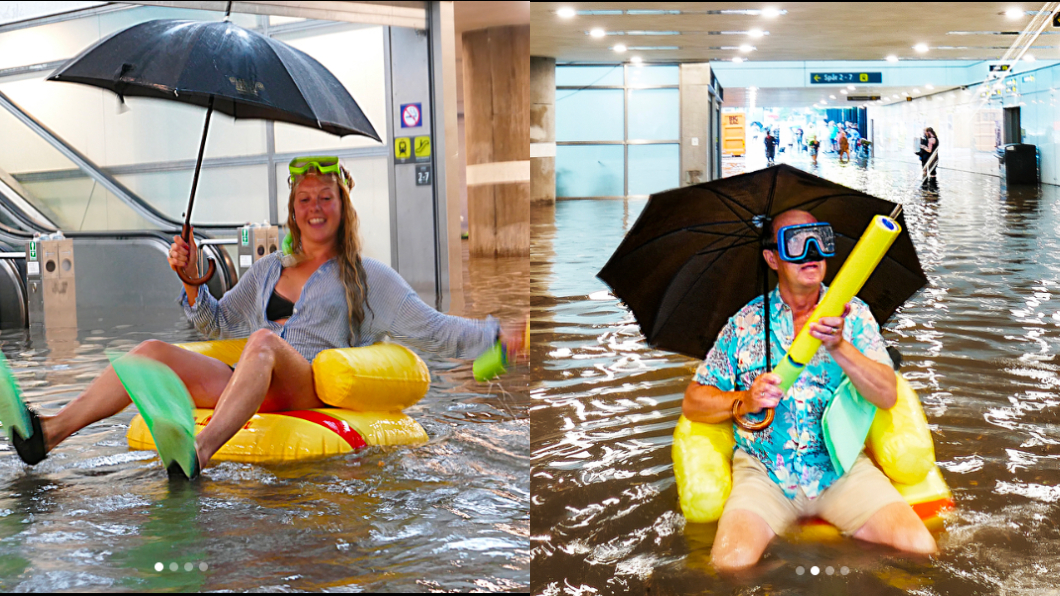 暴雨炸瑞典車站淹水 民眾拿游泳圈「當水上樂園」超樂天