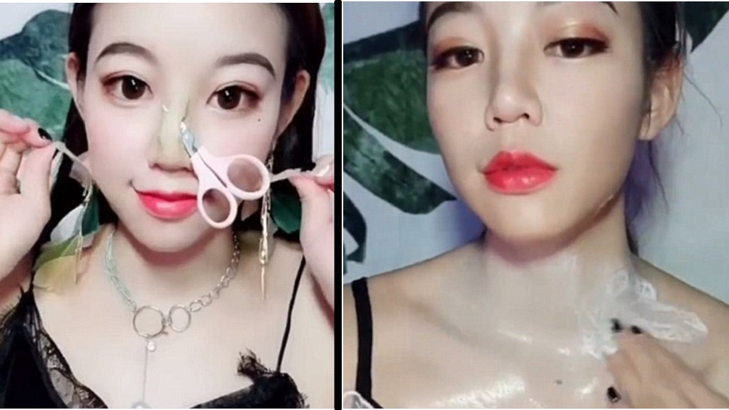 圖左為琦花花將完妝的鼻子拆卸,圖右為琦花花將身體膚色塗白,避免差異過大。圖/翻攝秒拍