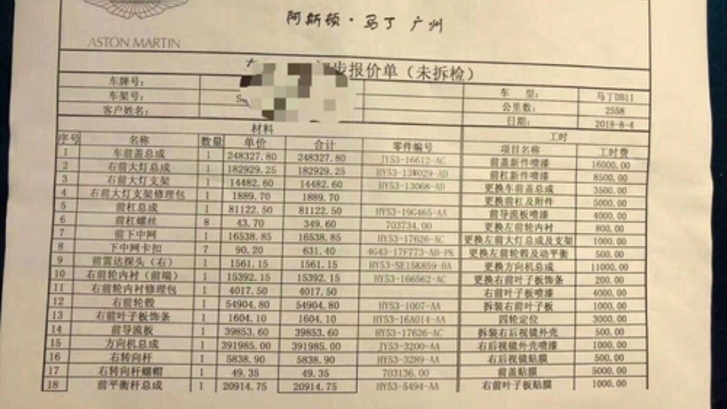 奧斯頓馬丁的維修報價單。圖/翻攝自微博