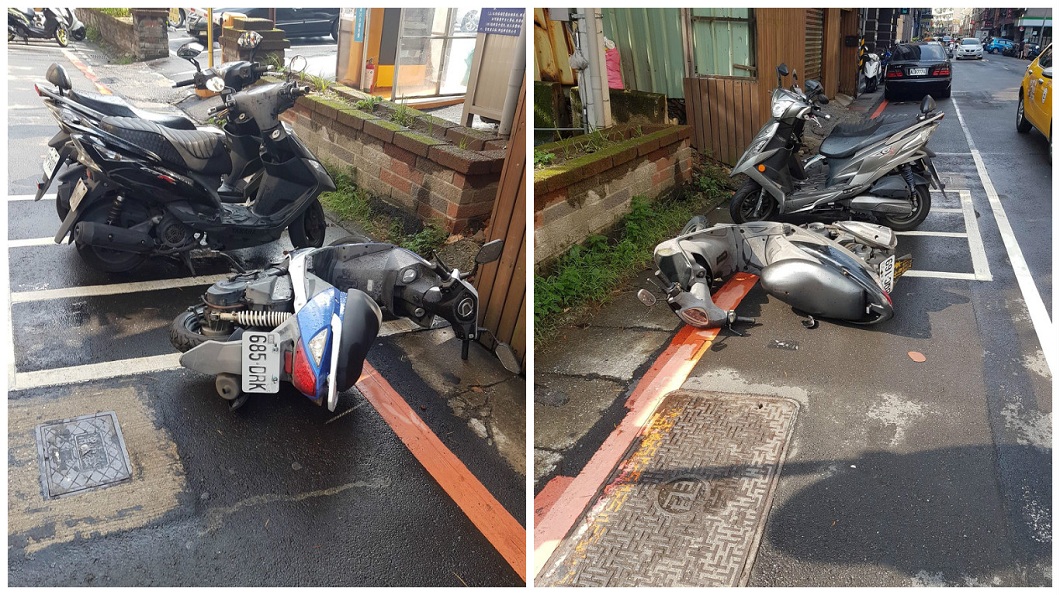 新北市新店區出現一名怪男,竟在大街上推倒停放在一旁的機車。(圖/翻攝自爆料公社)
