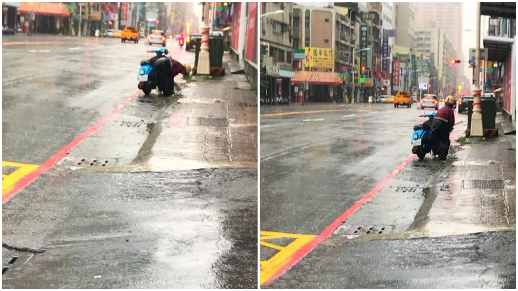 阿嬤冒雨騎車 沿路彎腰掀水溝蓋清垃圾