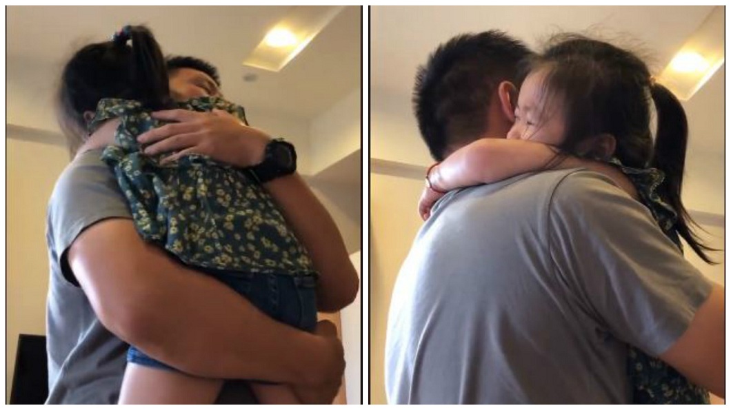 陸戰隊士官休假被召回營救災,3歲小女兒趴在爸爸身上大哭。(圖/合成圖,柳姓女網友提供)