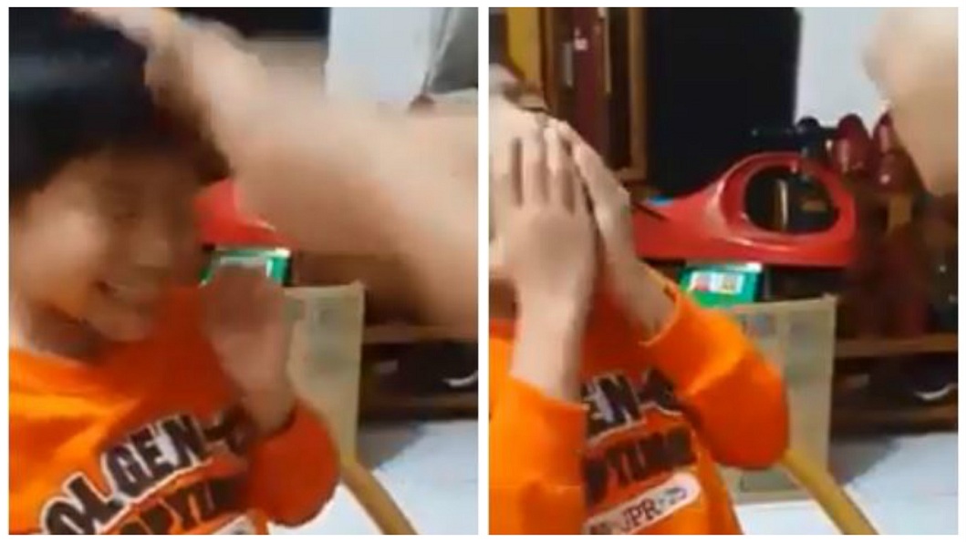 男童的牙齒用線繩綁住後,外公朝他額頭一拍,男童的頭往後仰,牙齒就拔下來了。(圖/翻攝自臉書)