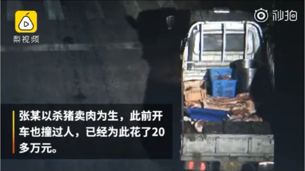 江蘇一名殺豬賣肉的男子,日前開車時不慎撞死一名老翁。(圖/翻攝自梨視頻)