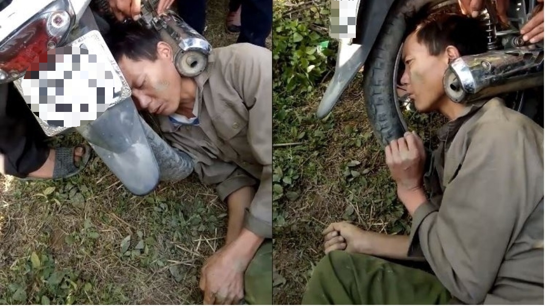 輪胎當枕?醉男頭卡「排氣管」待救表情超厭世