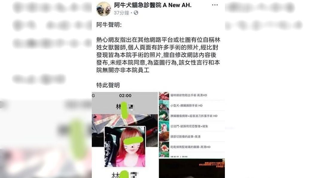 另外也有網友發現林女分享的動物手術照片,是出自於另外一間動物醫院分享的照片,對此該動物醫院也發出聲明。(圖/翻攝自《阿牛犬貓急診醫院》臉書粉絲團)
