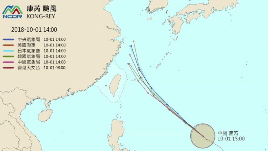 康芮颱風各國預測路徑。圖／國家災害防救科技中心(NCDR)