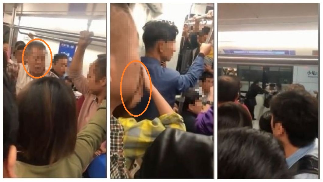 武漢地鐵一名老人在車廂內對一名女子掌摑和扯頭髮，其他乘客見狀看不下去，將老人拉出車廂外聯手圍毆他。(圖／翻攝自微博)