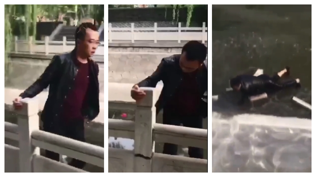 耍帥跨越護欄漫步 下一秒被豆腐渣石柱陰了