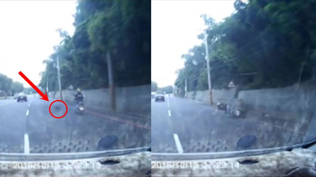 騎士被猴子撞擊摔車瞬間。圖／翻攝自爆料公社