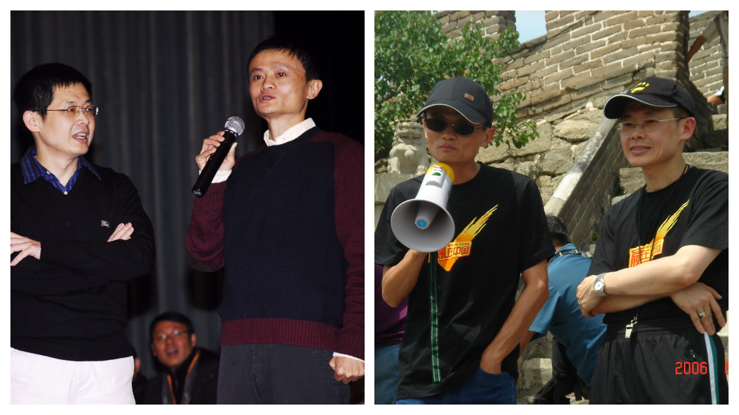 林偉賢帶救國團練就的口說本領、機智反應，讓人稱「口才帝」的馬雲也另眼相待，不僅多年邀林偉賢為阿里巴巴專門培訓鐵軍(左圖)，兩人還共同受邀到長城頂上為108位創業好漢訓勉(右圖)。   圖／林偉賢提供