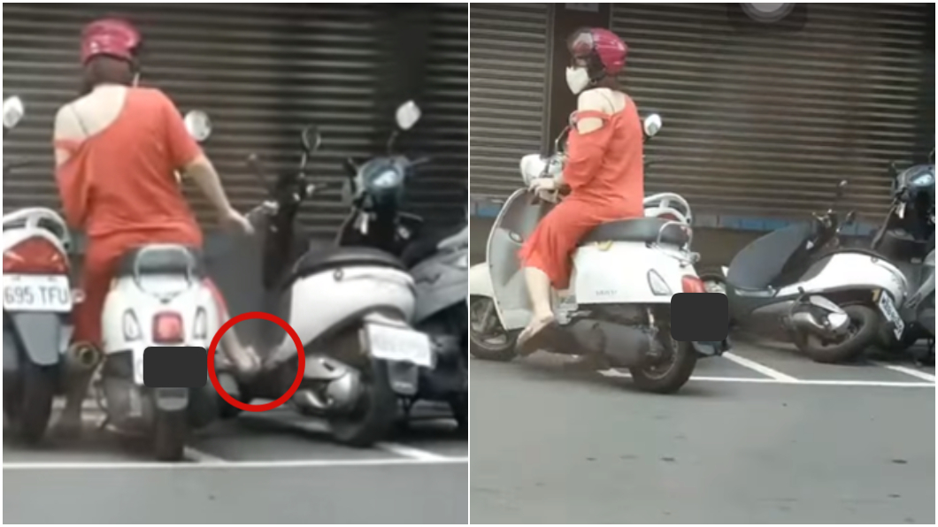 大姐不爽機車被擋 一腳踹倒Gogoro閃人