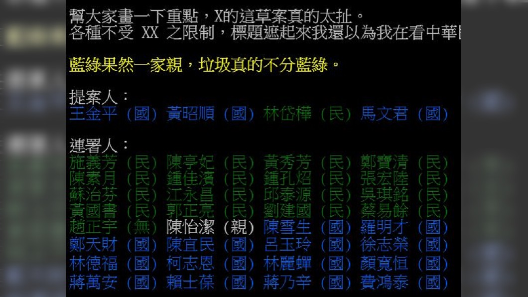 宗教基本法提案人與連署委員名單。圖/翻攝自PTT