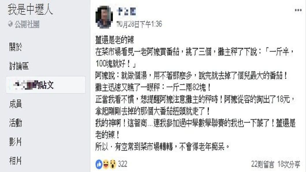 有網友分享在市場遇到一名阿嬤買番茄的經過,霸氣行徑連他都甘拜下風。(圖/翻攝自我是中壢人臉書社團)