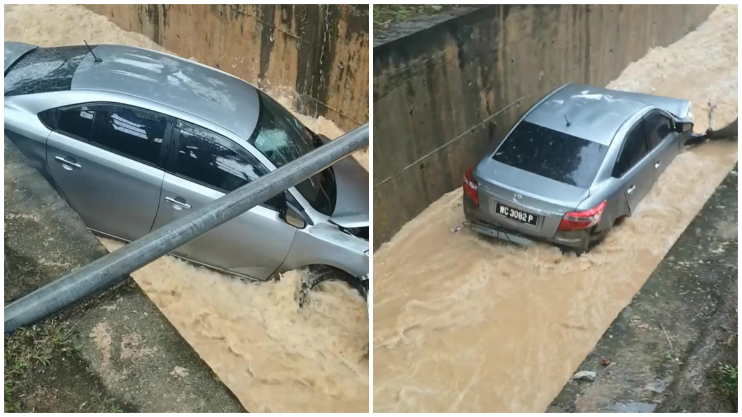 失控栽進急流大排!駕駛驚逃 目送愛車「漂向遠方」